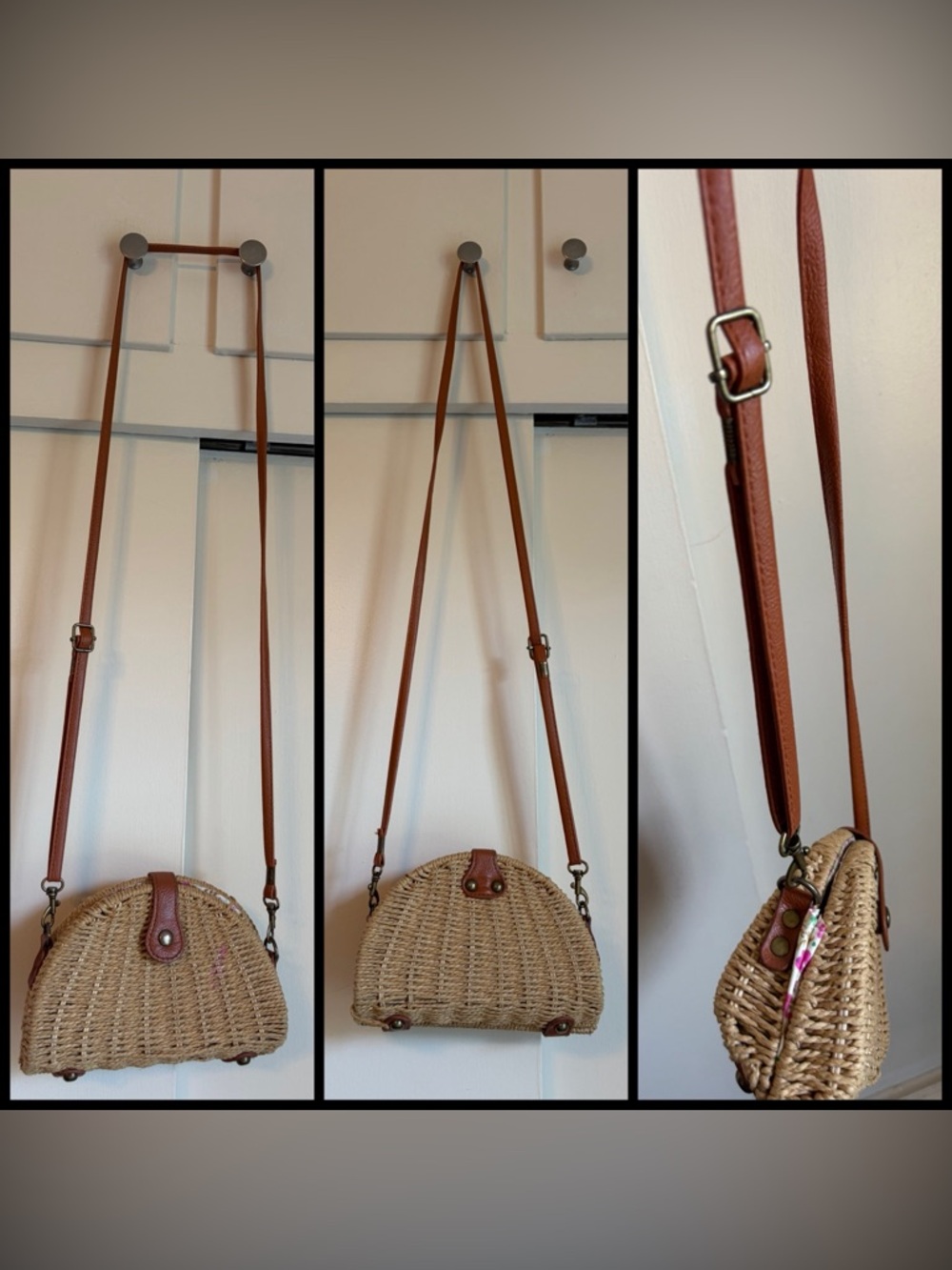Woven Straw Crossbody Bag with Floral Lining - Beige GUC So cute!